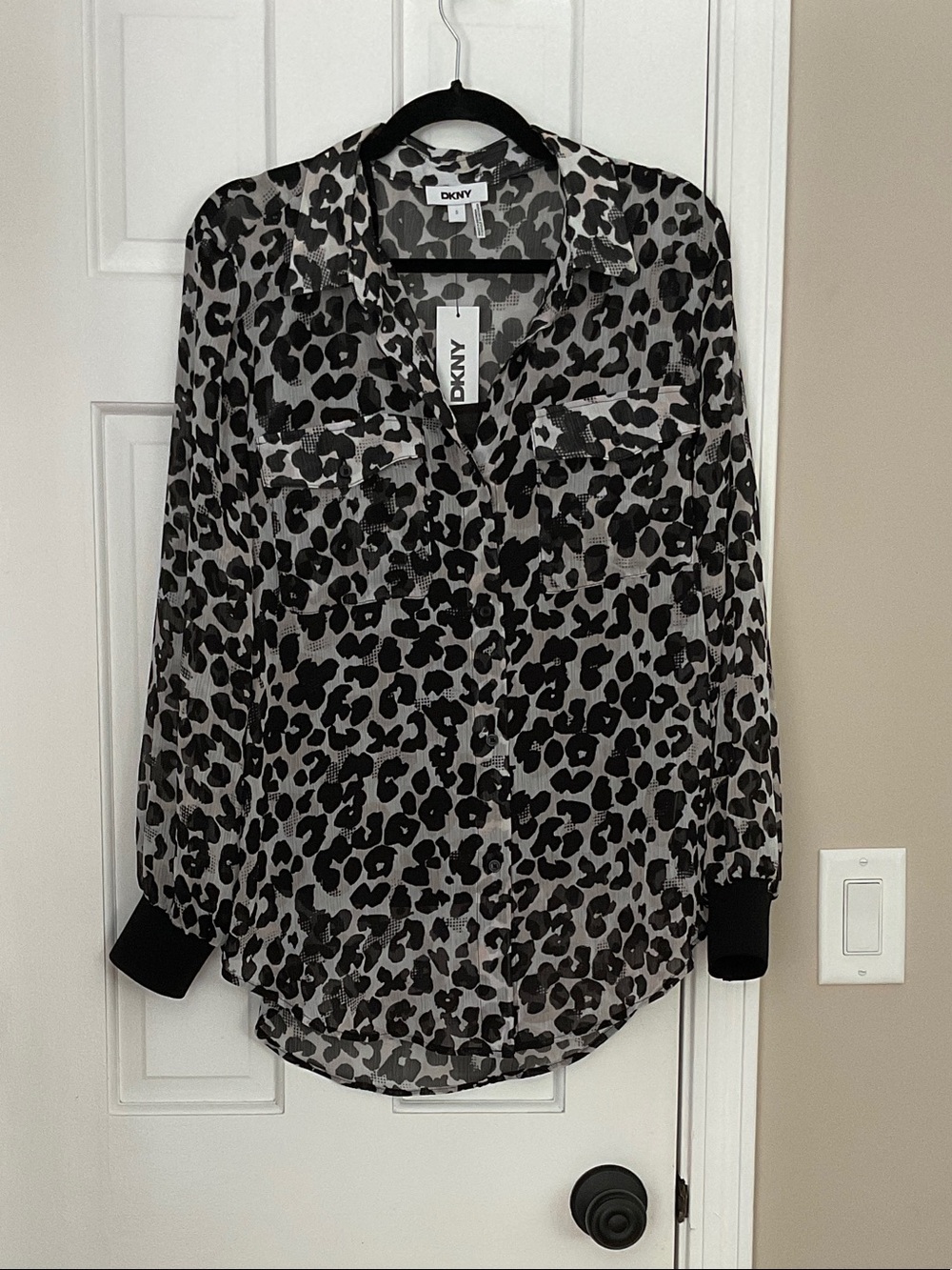 DKNY Black and Gray Leopard Print Button-Down Shirt